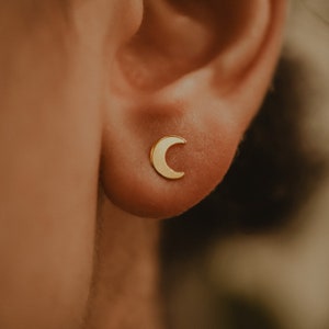 Moon Stud earrings in 14K Gold fill, Rose or Sterling Silver, minimal lunar earlobe piercing, moon shaped, astrological, minimalist everyday