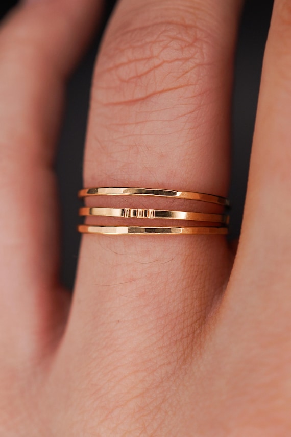 Hammered Square Lined Set of 3 | 14K Gold Fill, Rose Gold Fill or Sterling Silver | Textured pack of rings, stacking set, pinky, gift ideas