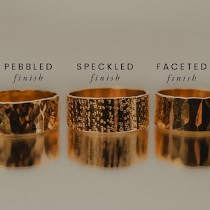 Wide Band | SOLID 14K GOLD | Faceted, Pebbled or Speckled | Super thick hammered cigar band | Unisex mens wedding ring custom sizing, 8mm