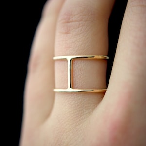 Large Cage Ring, 14K Gold-Fill, double bar ring, H ring, bar ring, wide band, smooth, double stacked connected ring, reversible, unisex