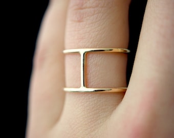 Large Cage Ring, 14K Gold-Fill, double bar ring, H ring, bar ring, wide band, smooth, double stacked connected ring, reversible, unisex