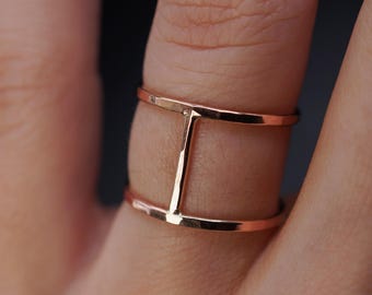 Large Cage Ring | 14K Rose Gold Filled | Custom Sizing | Smooth or Hammered | double bar, H, wide, stacked connected, reversible, unisex