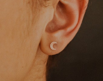 Moon Stud earrings in 14K Gold fill, Rose or Sterling Silver, minimal lunar earlobe piercing, moon shaped, astrological, minimalist everyday
