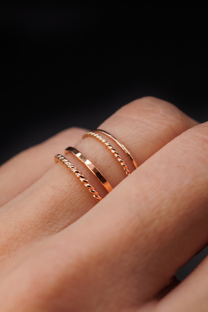 Thin Twist Stacking Set of 2 Rings in 14K Rose Gold fill, rose gold stack, stackable ring, rose gold ring set, delicate ring, set of 2 image 4