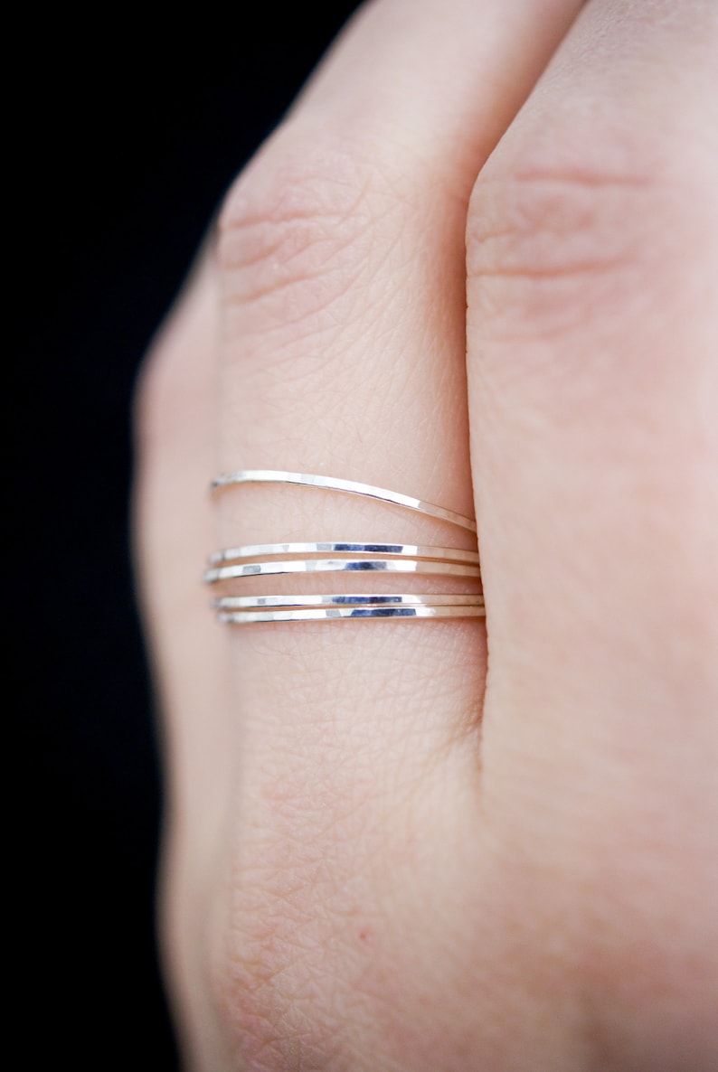 Sterling Silver stack ring set of 5, ultra thin, skinny silver stacking rings, hammered silver stacking ring, sterling ring set image 3