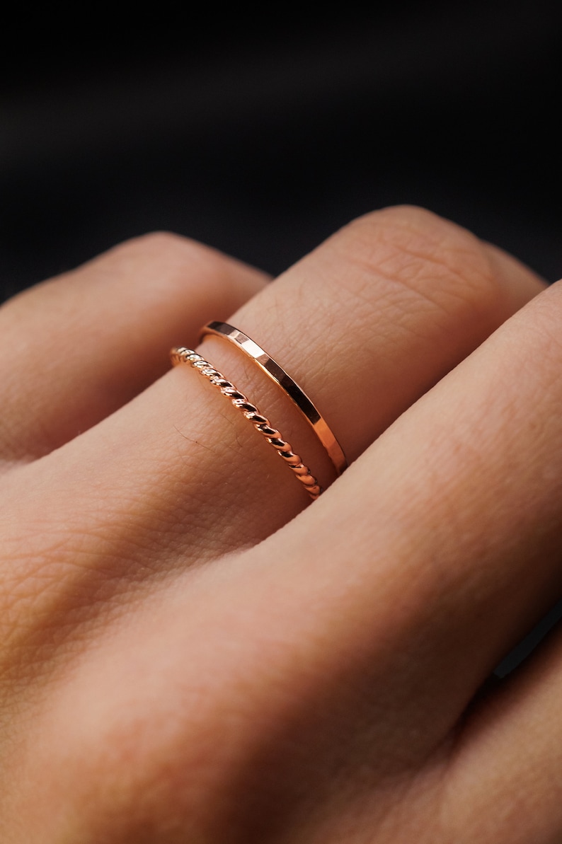 Thin Twist Stacking Set of 2 Rings in 14K Rose Gold fill, rose gold stack, stackable ring, rose gold ring set, delicate ring, set of 2 image 5