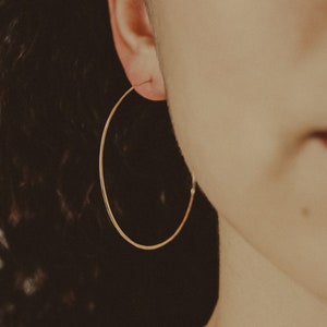 May include: A close-up of a person's ear with a gold hoop earring. The earring is a simple, thin hoop.