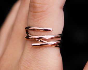 Open Spiral Ring in 14K Rose Gold Fill, wrapped criss cross ring, woven, infinity, intertwined, overlapping, thumb ring, unisex adjustable