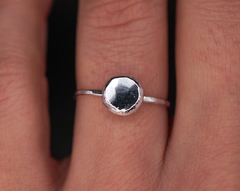 Pebble Ring | Sterling Silver | molten silver nugget on slim hammered band | alternative engagement or wedding ring