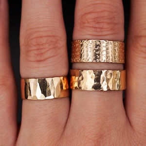 Wide Band | 14K Gold Filled | Faceted, Pebbled or Speckled | Super thick hammered cigar band | Unisex mens wedding ring custom sizing, 8mm