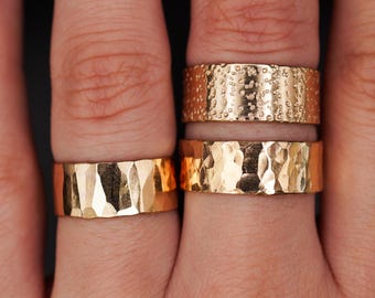 Wide Band | 14K Gold Filled | Faceted, Pebbled or Speckled | Super thick hammered cigar band | Unisex mens wedding ring custom sizing, 8mm