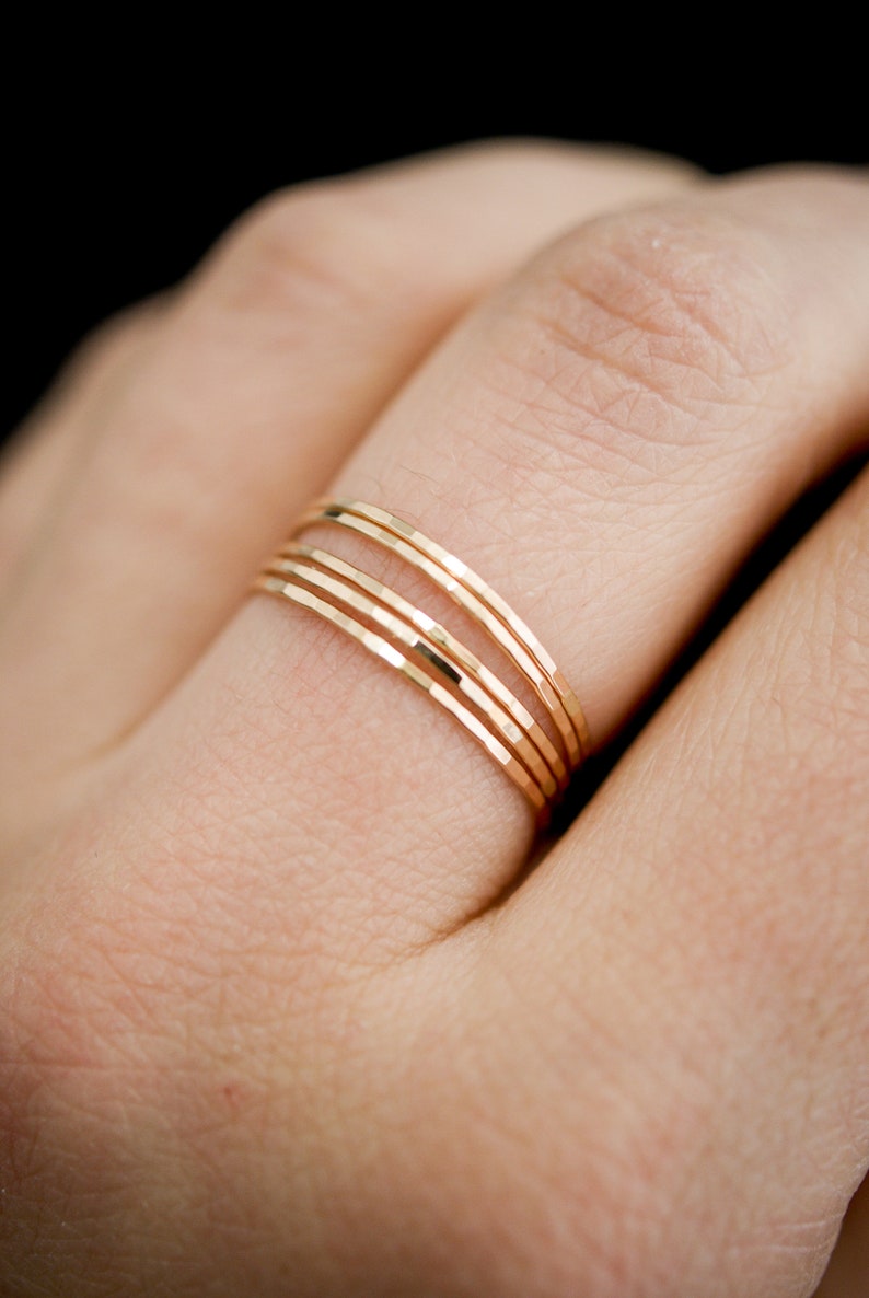 Ultra Thin Gold Filled stacking rings set of 5, 14K gold fill stacking rings, skinny stacking ring, hammered gold ring, set of 5, delicate image 1
