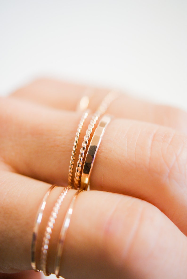 Dainty Rose Gold Stacking Ring Sets, Ultra Thin, Twist Rings, Stacked Sets, Styled, Minimalist Stacking rings, Gold-Filled, Unisex, Textured image 8