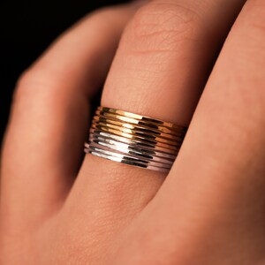 Mixed Metal 14k Gold fill and Silver Set of 10 Hammered Rings, Ultra Thin Stacking, Stackable, maximalist stack, giant stack, dainty, 0.7mm image 2