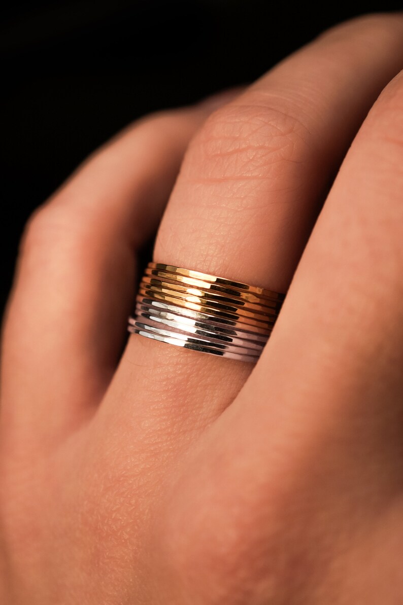 Mixed Metal 14k Gold fill and Silver Set of 10 Hammered Rings, Ultra Thin Stacking, Stackable, maximalist stack, giant stack, dainty, 0.7mm image 2