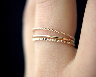 Mixed Texture Gold stacking ring set, gold stack ring, ring set, delicate gold ring, lined ring, twist ring, gold stacking rings, gold bands