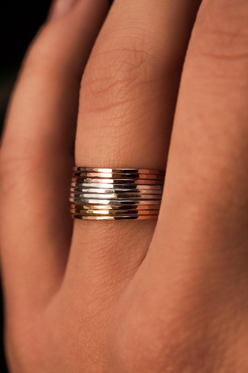 Set of 10 Mixed Metal Set of Ultra Thin Rings, 14k Gold Fill, Rose Gold Fill and Sterling Silver, stackable rings, maximali stack image 1