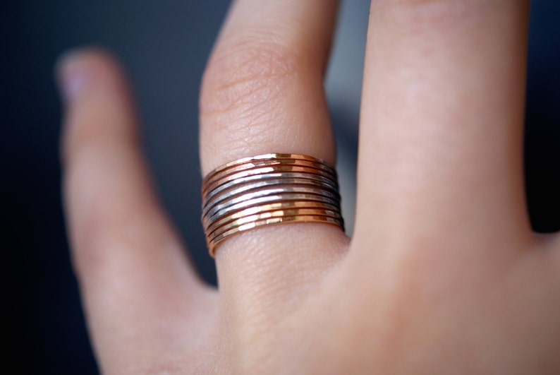 Set of 10 Mixed Metal Set of Ultra Thin Rings, 14k Gold Fill, Rose Gold Fill and Sterling Silver, stackable rings, maximali stack image 7