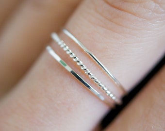 Thin Twist Stacking Set of 3 Rings in Gold, Rose or Sterling Silver, stackable, delicate, 925 ring minimal, essential starter, thick or thin