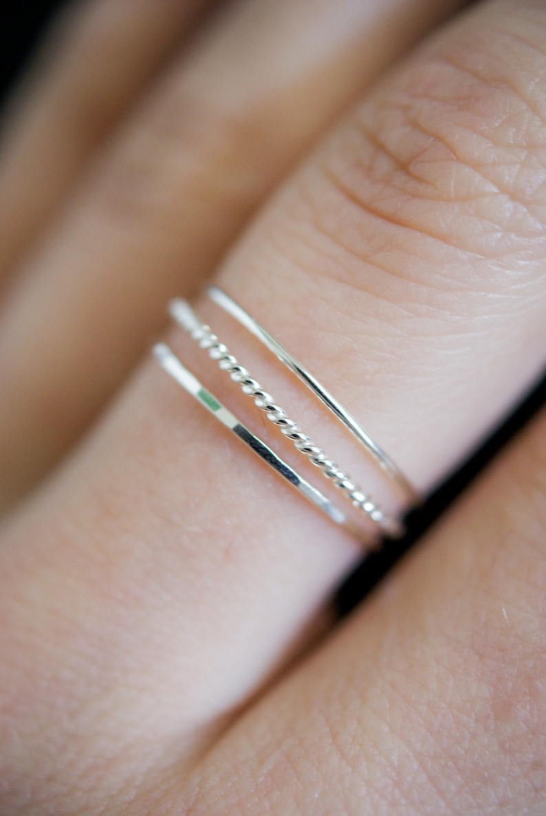 Thin Twist Stacking Set of 3 Rings in 14K Gold fill, Rose Gold or Sterling Silver, stackable, delicate, gold ring set, minimal, rope texture STERLING SILVER