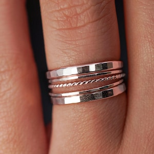 The Ultimate Twist Stacking Set of 5 | 925 Sterling Silv | Extra thick and ultra thin pack of rings, hammered and twisted rope texture