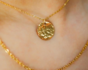 SOLID Textured Medallion Disc Pendant, 14k yellow Gold, Smooth circle charm, add on for necklace, sentimental, gift for mom, hammered rustic