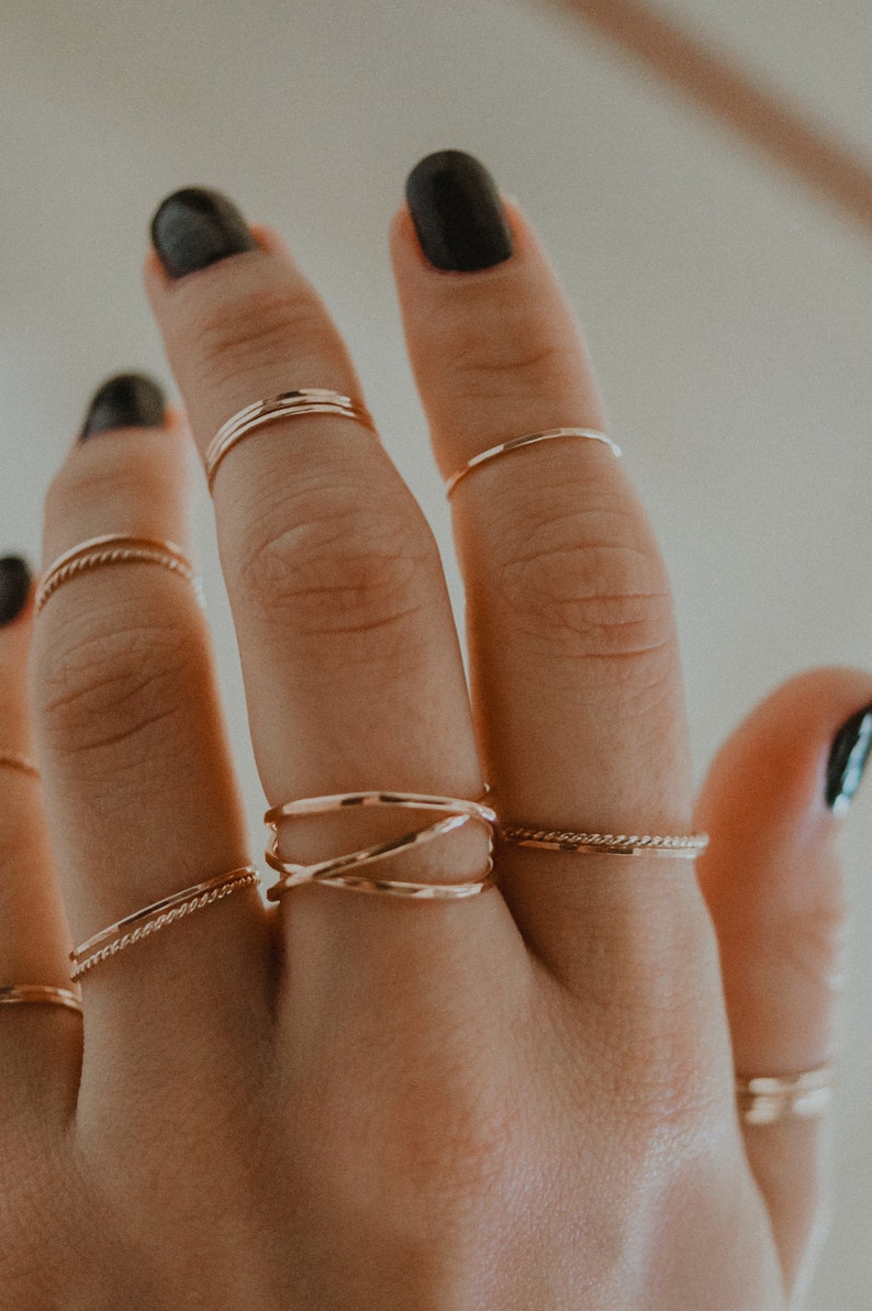 SOLID 14K Gold Twist stacking rings, gold stack ring, skinny gold stackable ring, 14k gold twist ring set, delicate gold ring, set of 2 image 5
