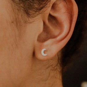 Moon Stud earrings in 14K Gold fill, Rose or Sterling Silver, minimal lunar earlobe piercing, moon shaped, astrological, minimalist everyday