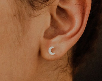 Moon Stud earrings in 14K Gold fill, Rose or Sterling Silver, minimal lunar earlobe piercing, moon shaped, astrological, minimalist everyday