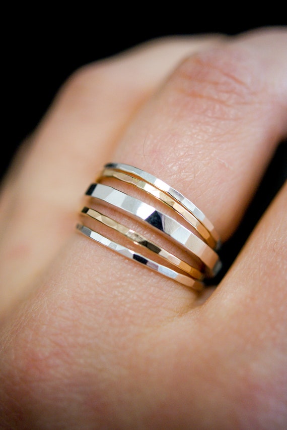 Hammered square stacking silver ring