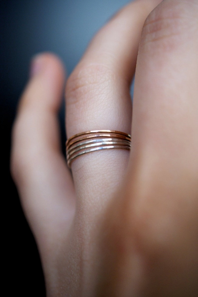 Mixed Metal Rose Gold and Silver Set of 5 Hammered Rings, Ultra Thin Stacking, Stackable, stack, minimalist ring, super thin, dainty, 0.7mm image 6