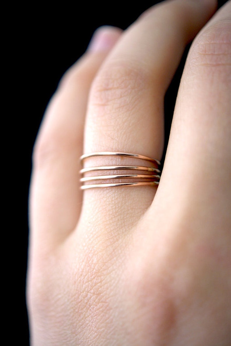 Rose Gold stack rings, set of 4, Medium Thickness, rose gold fill stacking rings, delicate rose gold stack ring, hammered rose gold ring, image 1