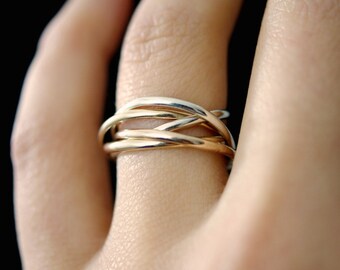 Thin Interlocking Rings, Set of 5 in Mixed Metal, Rose Gold, Gold, Silver interlocking rings, rolling, wedding, linking rings, fidget ring