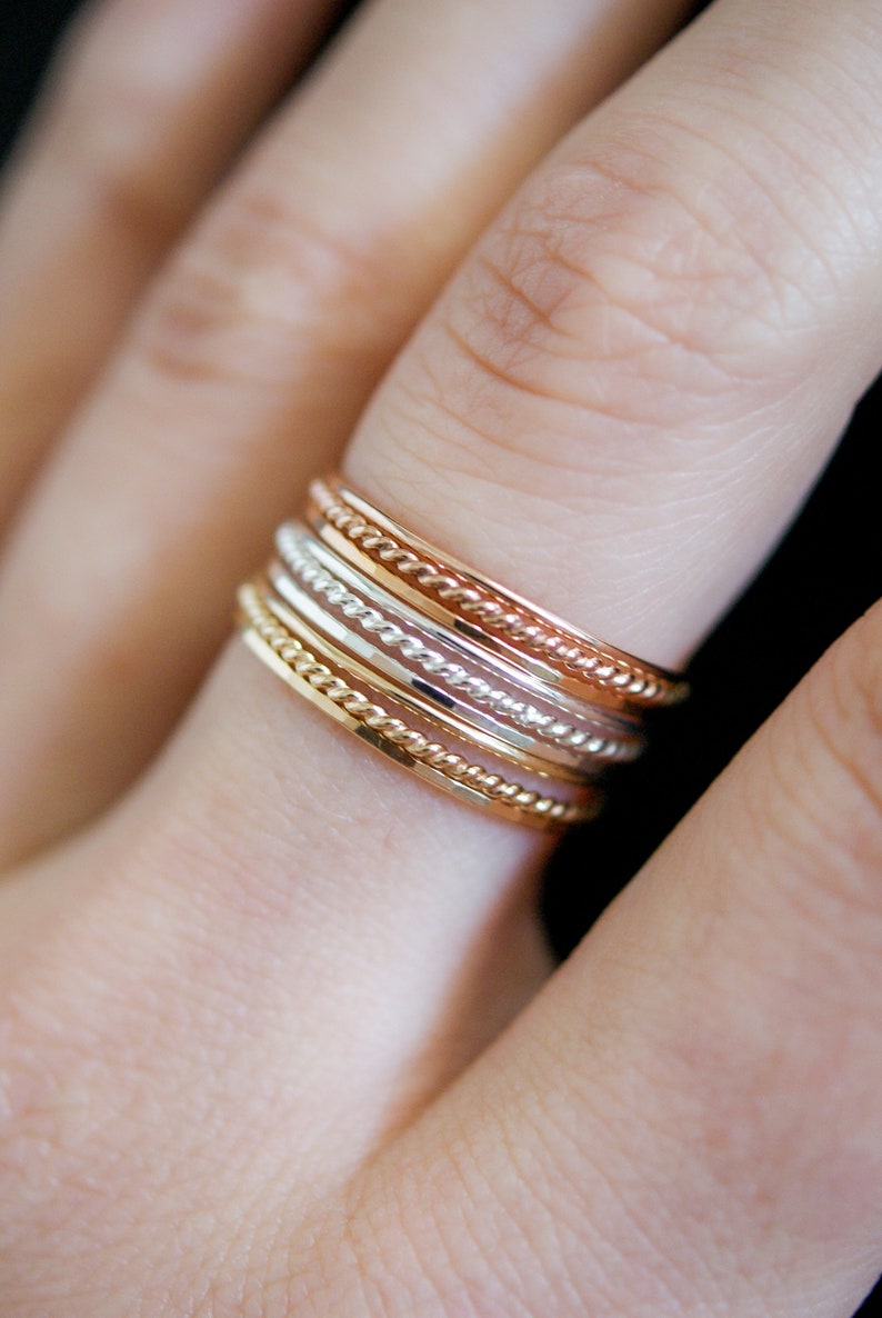 Thin Twist Stacking Set of 3 Rings in 14K Gold fill, Rose Gold or Sterling Silver, stackable, delicate, gold ring set, minimal, rope texture image 5