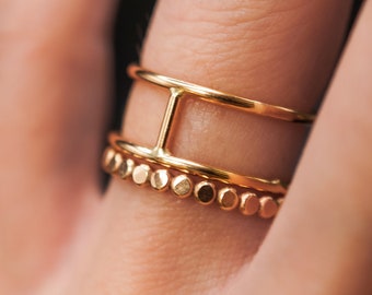 Mini Bead Cage Ring Set of 2, Gold, Rose Gold or Silver, H ring, bubble ring, circles, minimal, stacking rings, linear bar, smooth bands