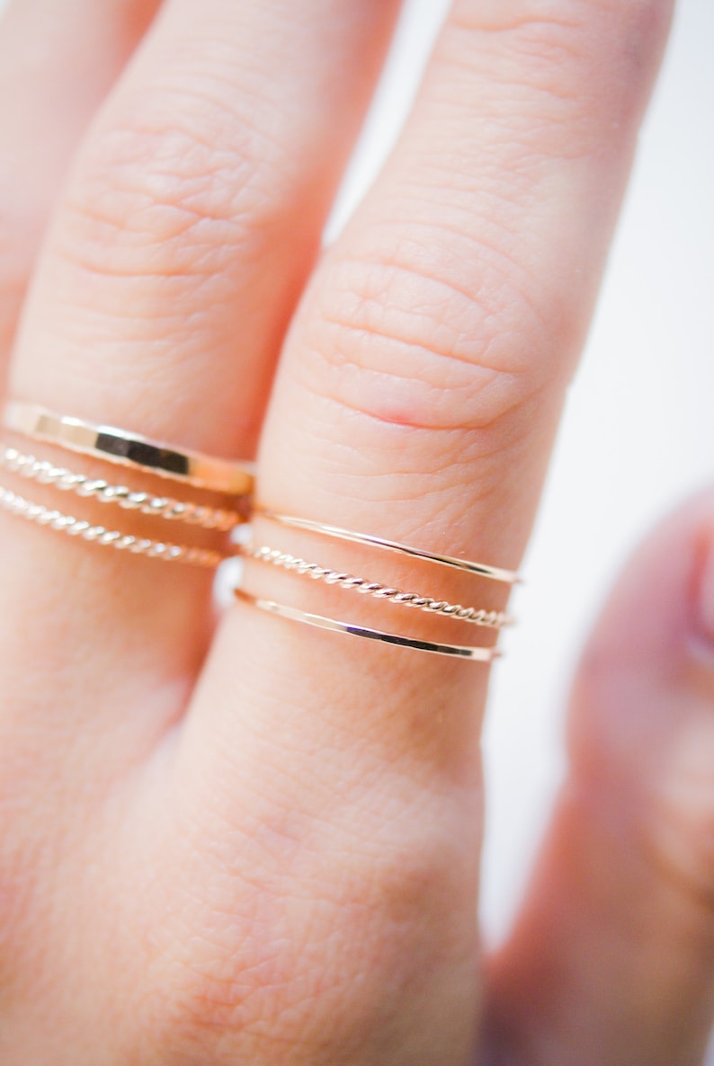 Dainty Rose Gold Stacking Ring Sets, Ultra Thin, Twist Rings, Stacked Sets, Styled, Minimalist Stacking rings, Gold-Filled, Unisex, Textured image 9