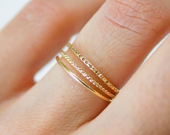 SOLID Mixed Texture Gold stacking ring set, gold stack ring, ring set, gold set, delicate gold ring, lined ring, twist ring, set of 3 rings