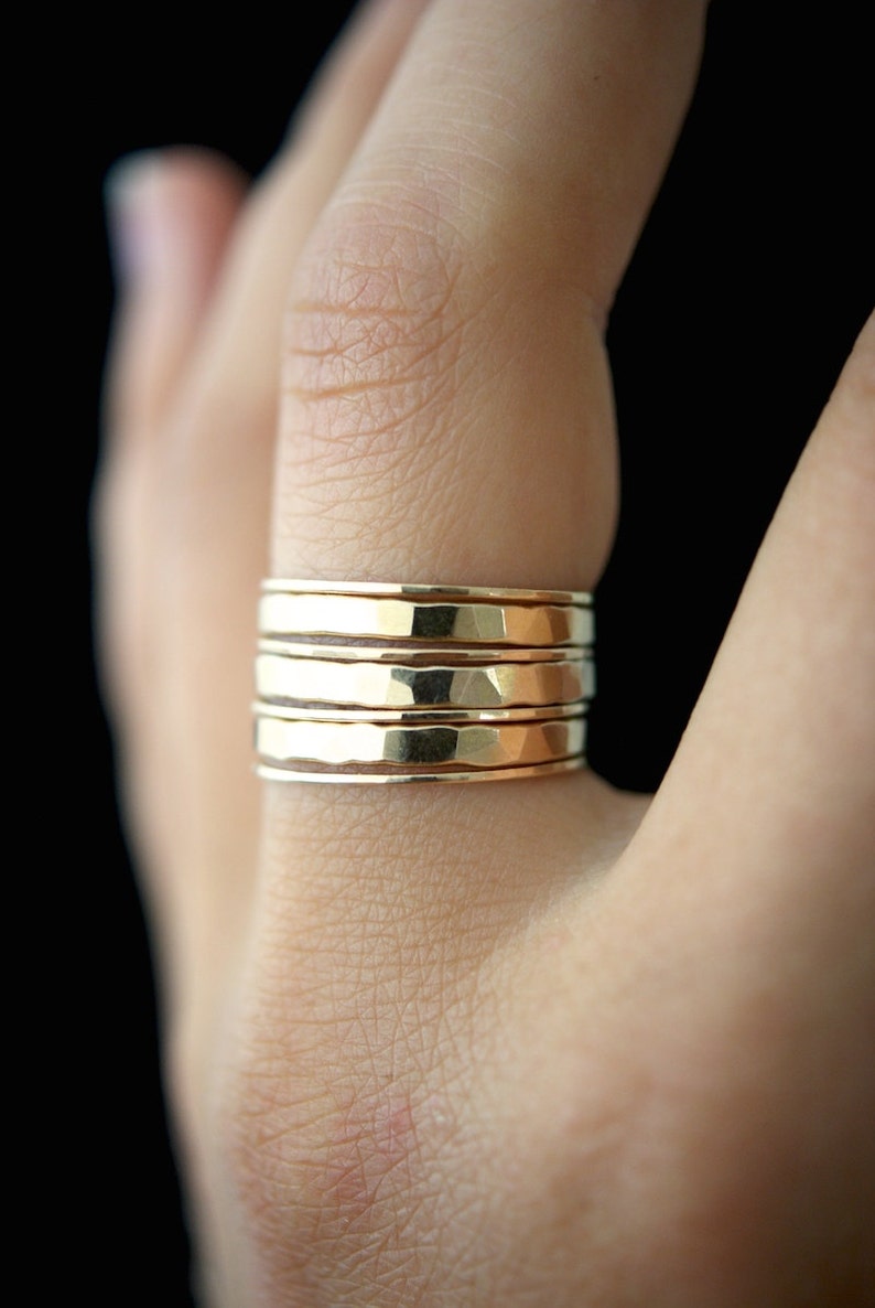 Extra Thick Thin Set of 7 Stacking Rings 14k Gold Fill stackable ring, hammered texture, bold ring stack, maximalist rings, gift idea image 6