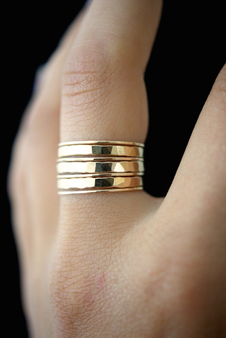 Extra Thick Thin Set of 7 Stacking Rings 14k Gold Fill stackable ring, hammered texture, bold ring stack, maximalist rings, gift idea image 5