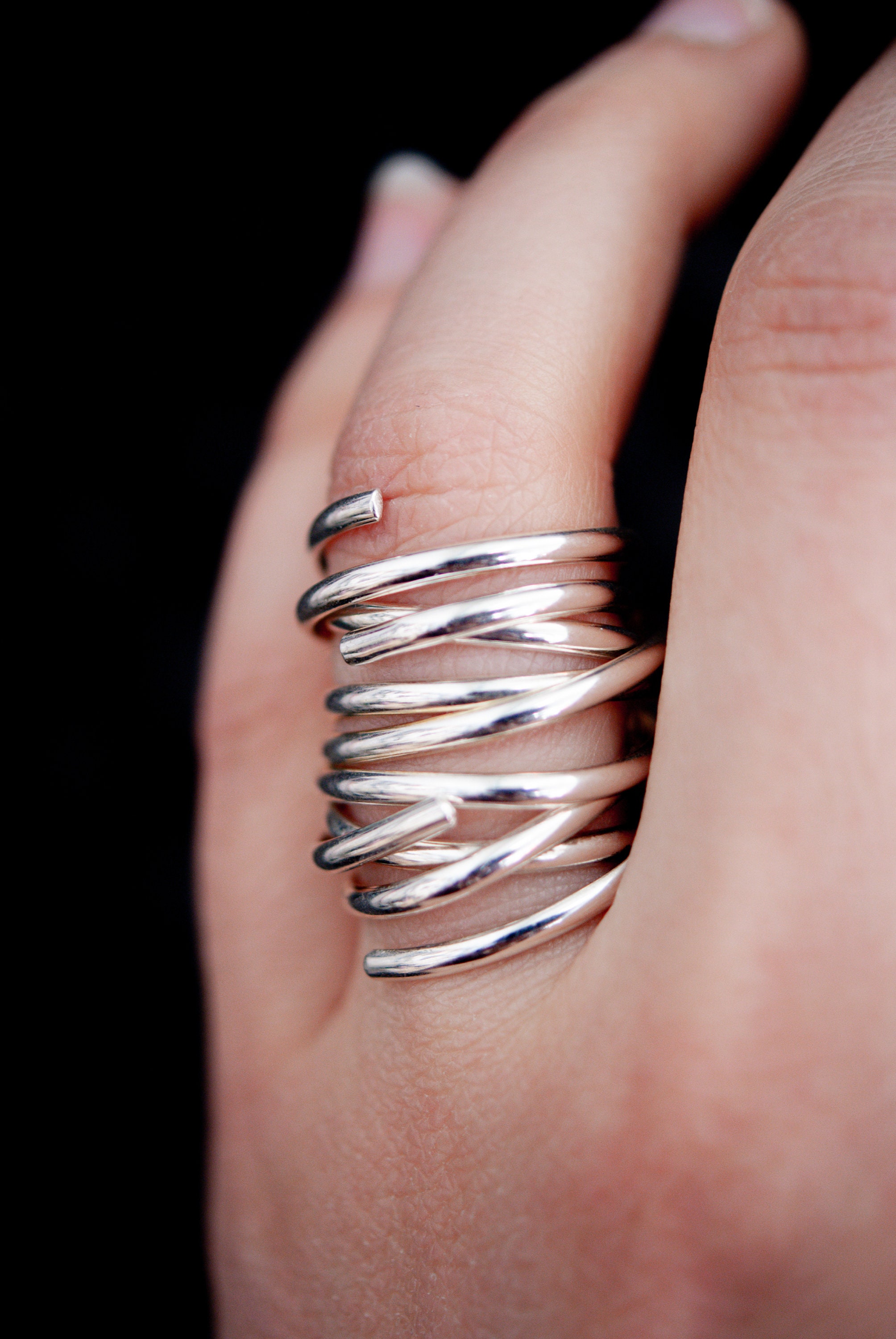 Handmade Sterling Silver Interlocking Loops Design Finger Wrap Bypass Ring 