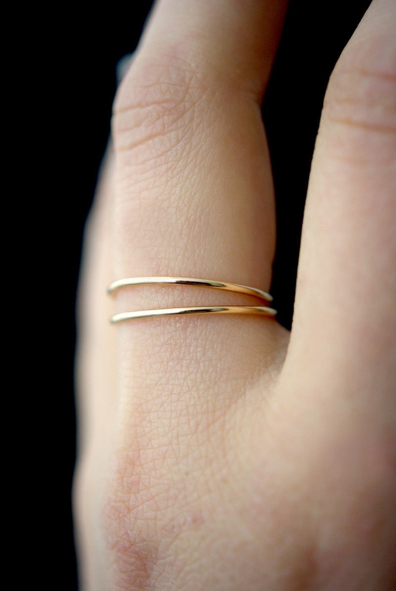 Set of 2 Medium Thickness Gold stacking rings, thin gold filled stacking rings, 14k gold fill ring, hammered gold stack rings, 14k gold ring image 1