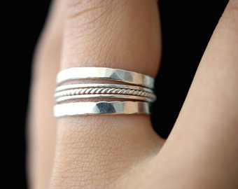 Silver Extra Thick and Ultra Thin TWIST Stacking Set of 5, twisted stacking ring set of 5, rope ring, textured pack of rings, gifts for her