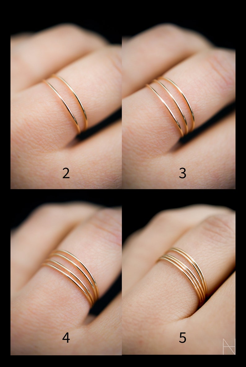 Ultra Thin Rings, Made in Gold Fill, shown in sets of 2, 3, 4 & 5 for comparison. Featuring the smooth finish.