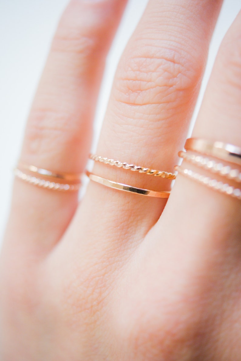 Dainty Rose Gold Stacking Ring Sets, Ultra Thin, Twist Rings, Stacked Sets, Styled, Minimalist Stacking rings, Gold-Filled, Unisex, Textured image 4
