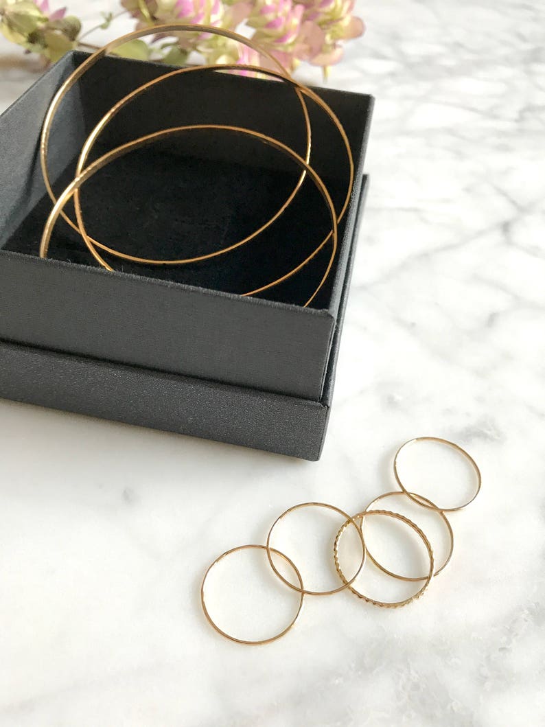 Set of 3 Lined Bangles Rose Gold Textured Gift Set Ultra Thin Lined Set of 5 Rings Gold The LINED GIFT SET Sterling Silver