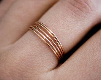 Set of 5 Ultra Thin Stacking Rings | 14k Rose Gold Filled | hammered, smooth, stackable pack of minimalist super skinny bands, threadbare