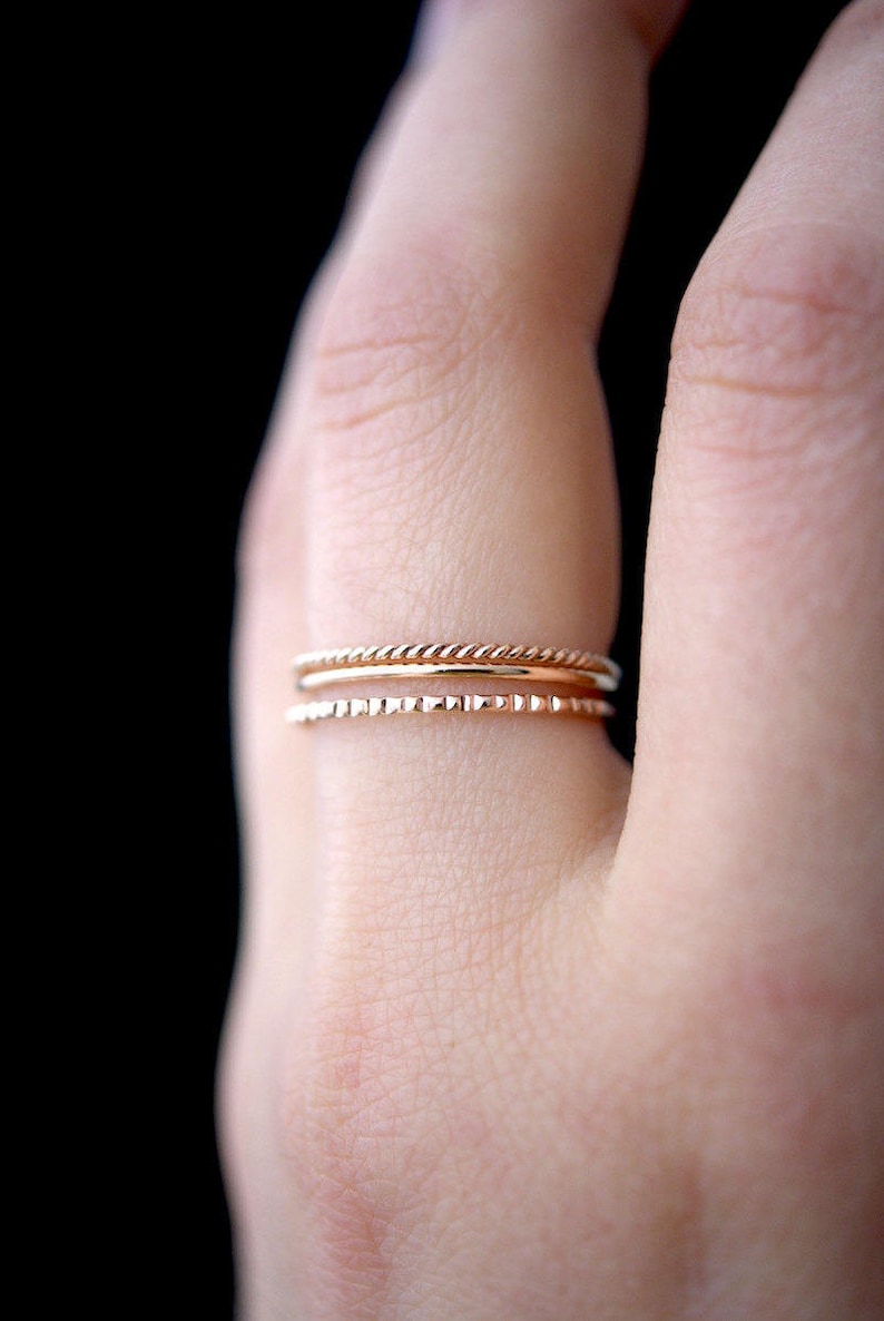 Mixed Texture Rose Gold Stacking Ring Set 14k Rose Gold Stack Etsy