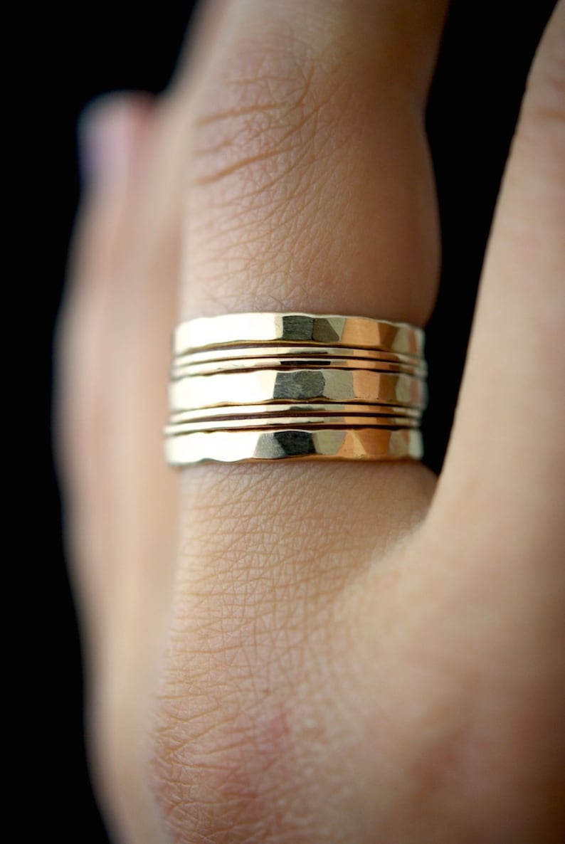 Extra Thick Thin Set of 7 Stacking Rings 14k Gold Fill stackable ring, hammered texture, bold ring stack, maximalist rings, gift idea image 7