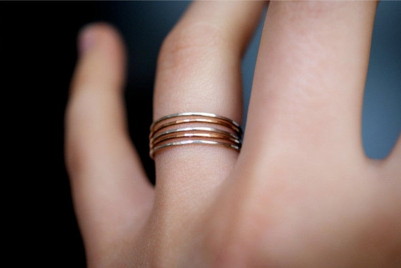 Mixed Metal Rose Gold and Silver Set of 5 Hammered Rings, Ultra Thin Stacking, Stackable, stack, minimalist ring, super thin, dainty, 0.7mm image 2