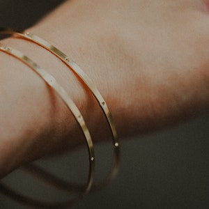 Dot Bangle Bracelet in 14K Gold Fill, Rose Gold Fill or Sterling Silver, smooth, dotted, hand stamped, circle,  flat, love, vintage inspired